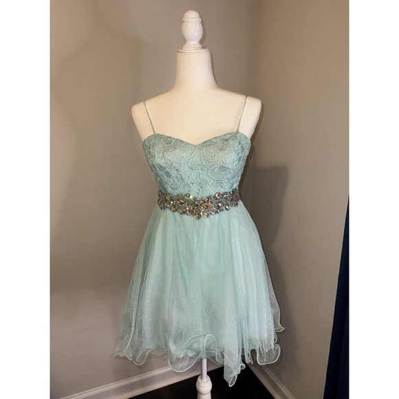 Dress Sz 7 Aqua Shimmer Glitter‎ Rhinestone 
Tulle Babydoll Prom Gown Y2K Fairy - Picture 1 of 16